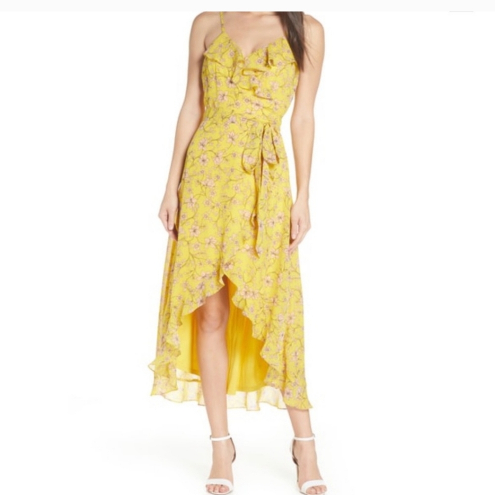 Avec Les Filles Canary Yellow Floral High Low Wrap Dress